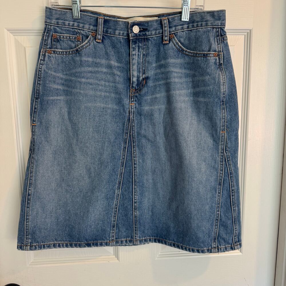 GAP JEANS Y2K DISTRESSED DENIM MIDI SKIRT Size 10 WOMENS A-LINE KNEE LENGTH - Picture 1 of 6